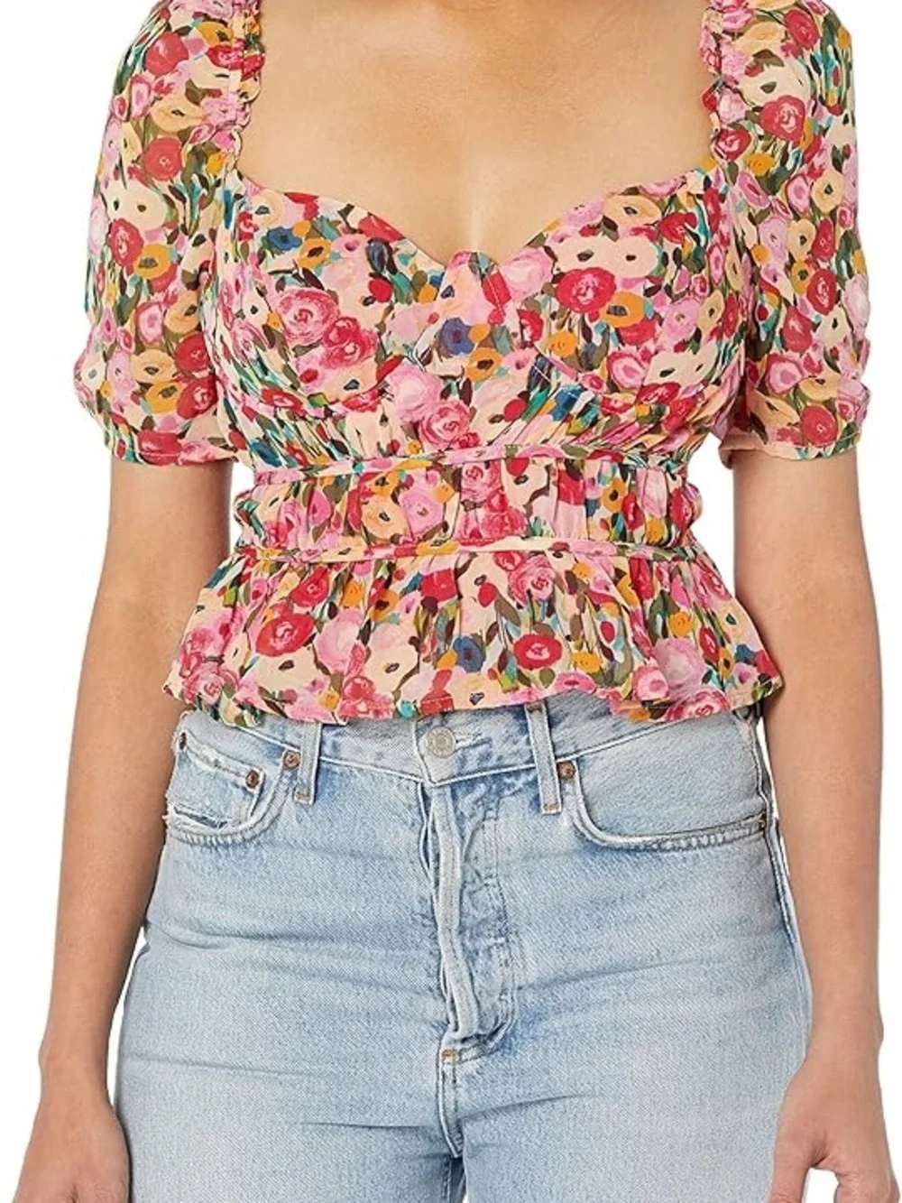 Astr The Label Pink Floral Peplum Sweetheart Puff Sleeve Top Size XS